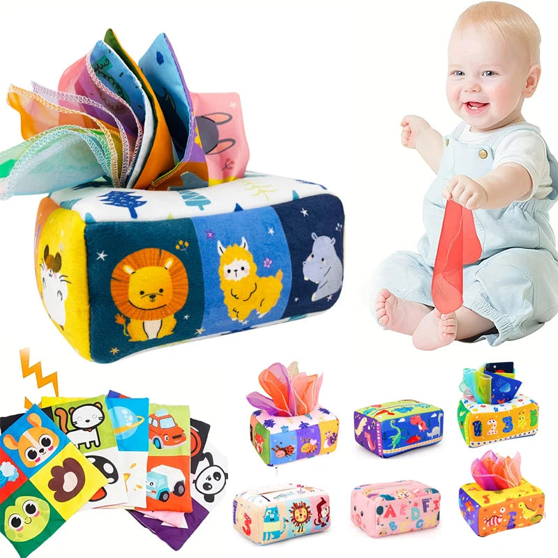 Boîte sensorielle Montessori pour bébé avec éléments d’éveil colorés et textures variées