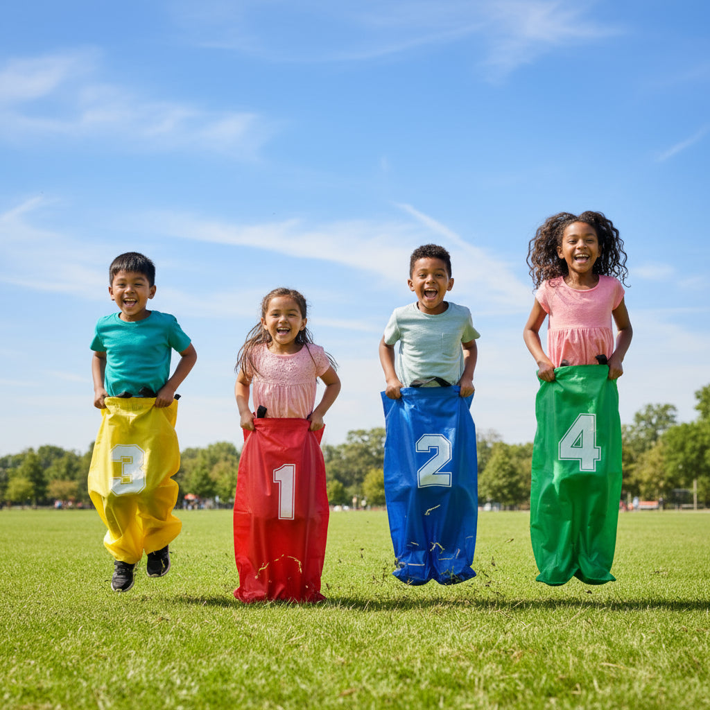 Enfants jouant à la course en sac lors d’une activité extérieure ludique