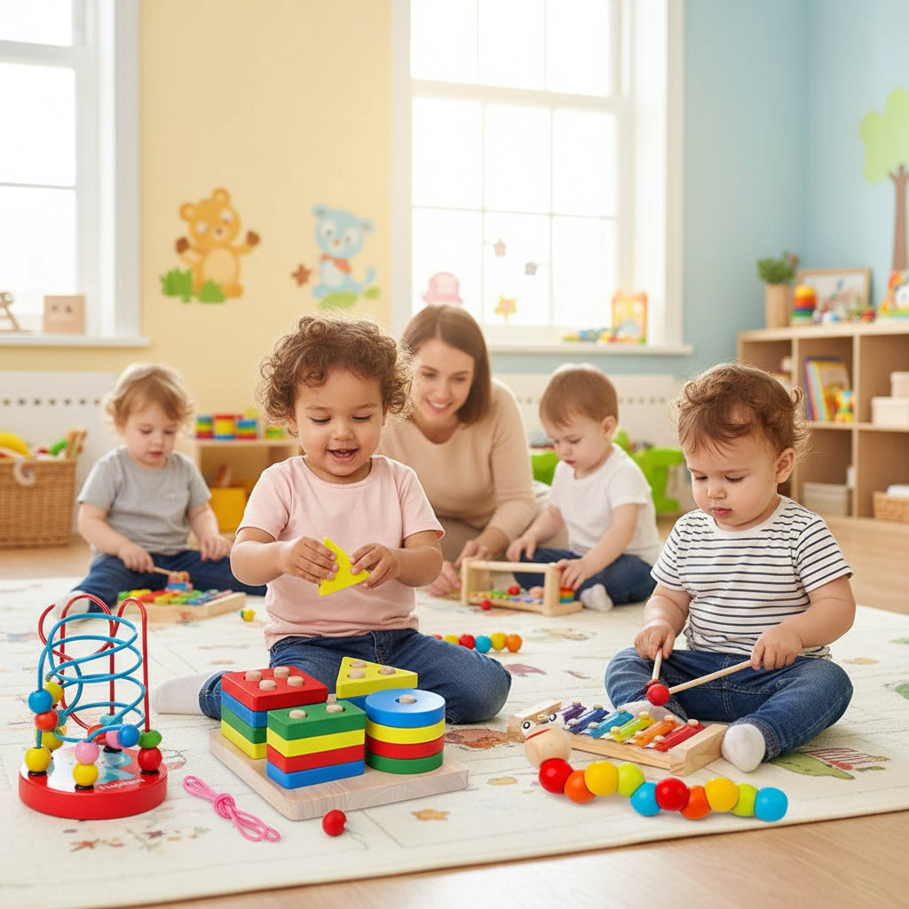 Jeux en bois Montessori pour bébé avec plusieurs activités d’éveil favorisant la motricité fine, la coordination et l’autonomie dès le plus jeune âge.