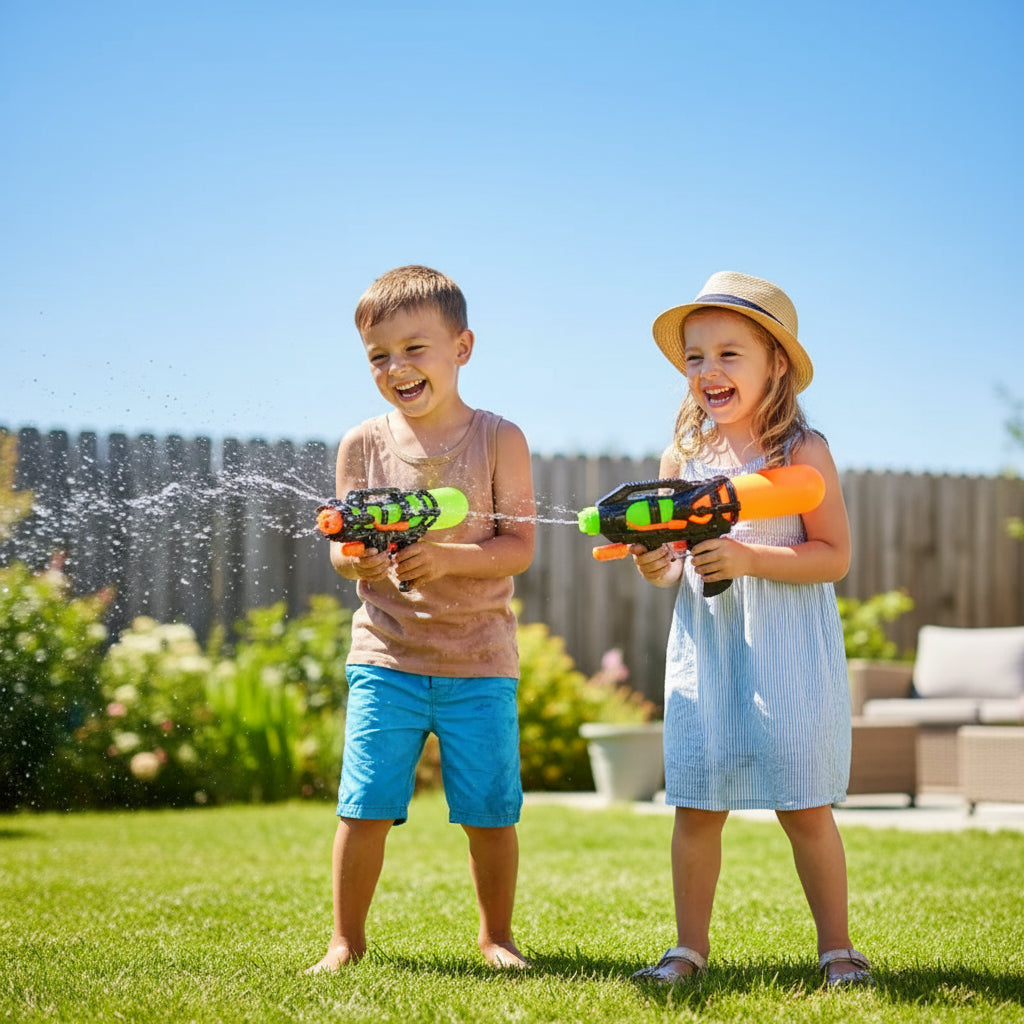 Enfants jouant avec un pistolet à eau dans le jardin pendant l’été