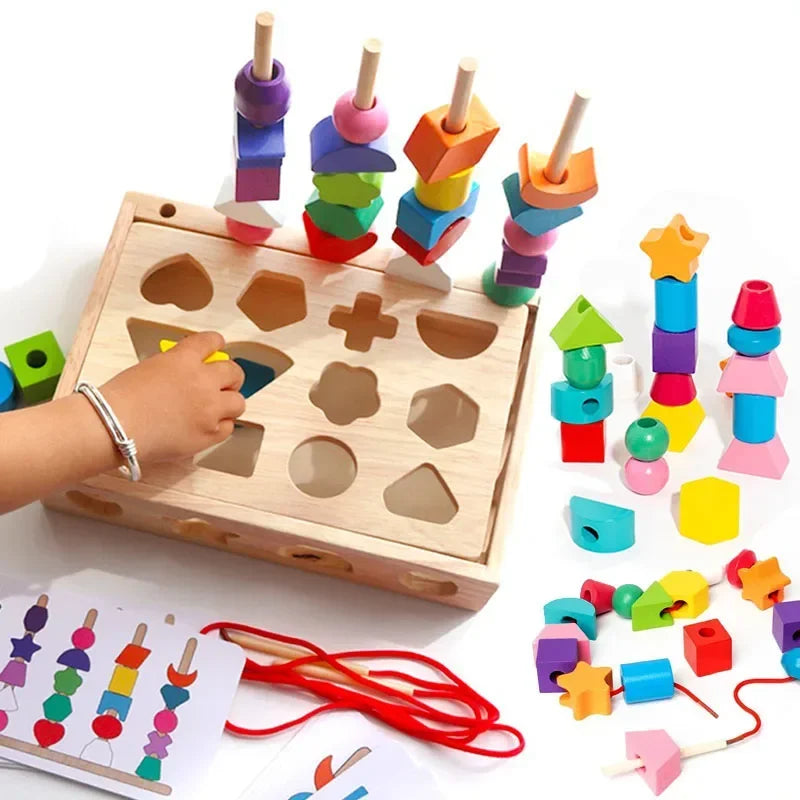 Puzzle de tri Montessori en bois avec formes colorées à empiler et à enfiler pour développer la motricité fine et la coordination de bébé.
