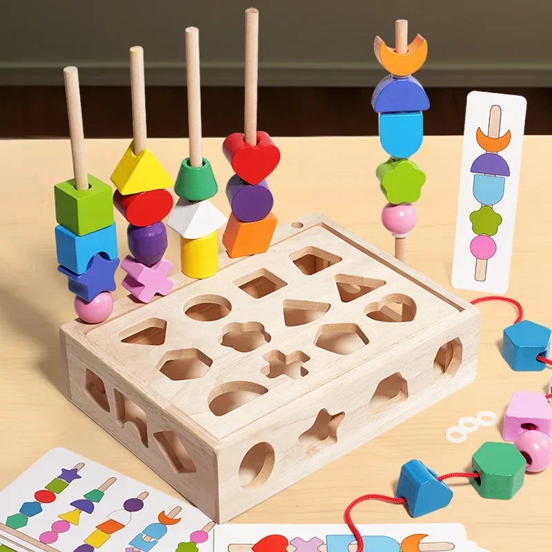 Jeu éducatif Montessori en bois avec formes à empiler pour stimuler la logique, la concentration et la motricité fine dès le plus jeune âge.
